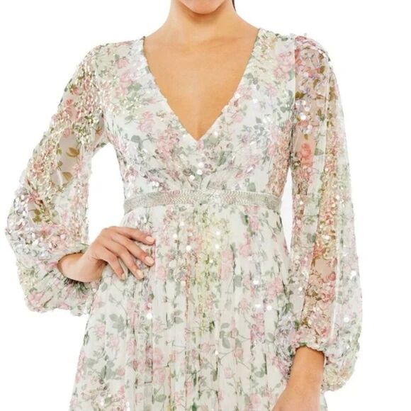 Mac‎ Duggal 93788 Size 8 Long Sleeve V-Neck Pink Green White Floral Midi Dress - Picture 2 of 4
